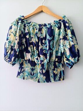 Antica Sartoria Blue Floral Off Shoulder Top OS Smocked Cotton Puff Sleeve